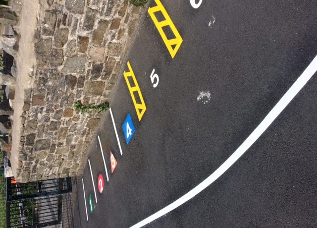 bike track, scooter track cycle trail with parking bays numbered 1-6 installed in schools in Merthyr