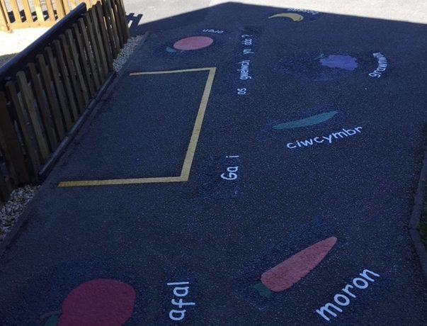 Fruit Station Welsh Text playground markings in schools Newport